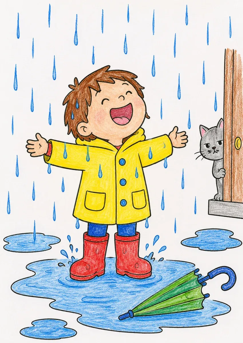 Kind tanzt allein im Regen