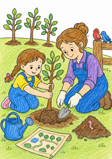 Mutter und Tochter pflanzen einen Baum – So könnte es aussehen