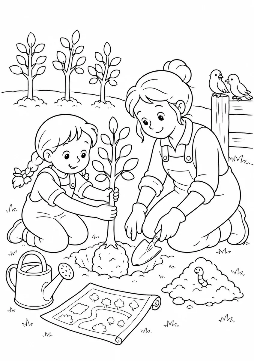 Ausmalbild einer Mutter und Tochter, die im Garten einen Baum pflanzen