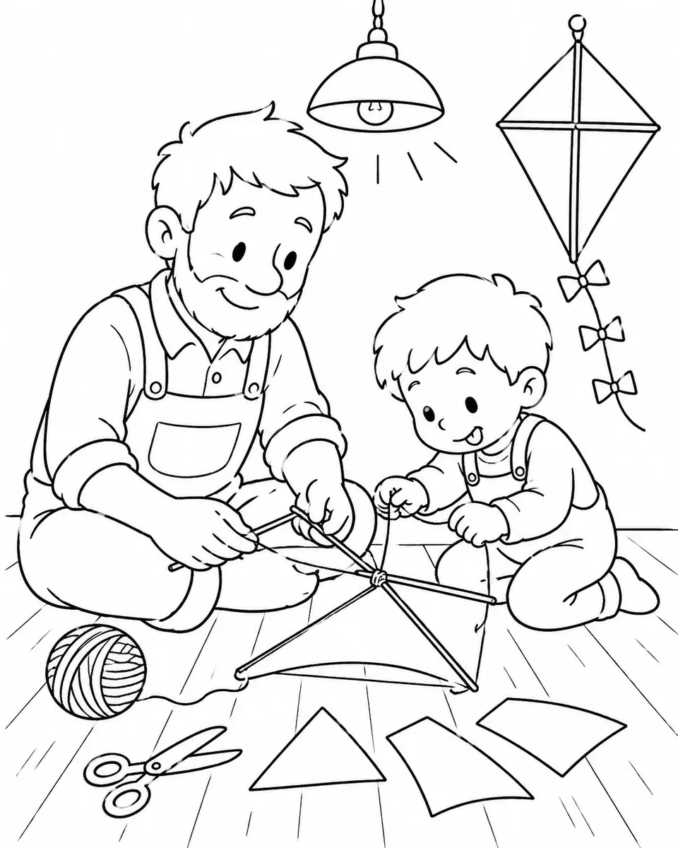 父子一起做风筝的涂色画