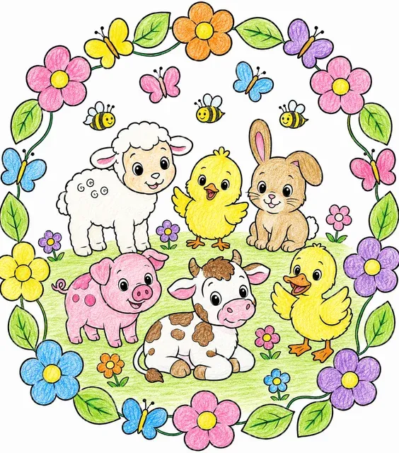 Sechs Baby-Tiere im Blumenkranz-Rahmen: Küken, Häschen, Lamm, Ferkel, Entchen und Kälbchen