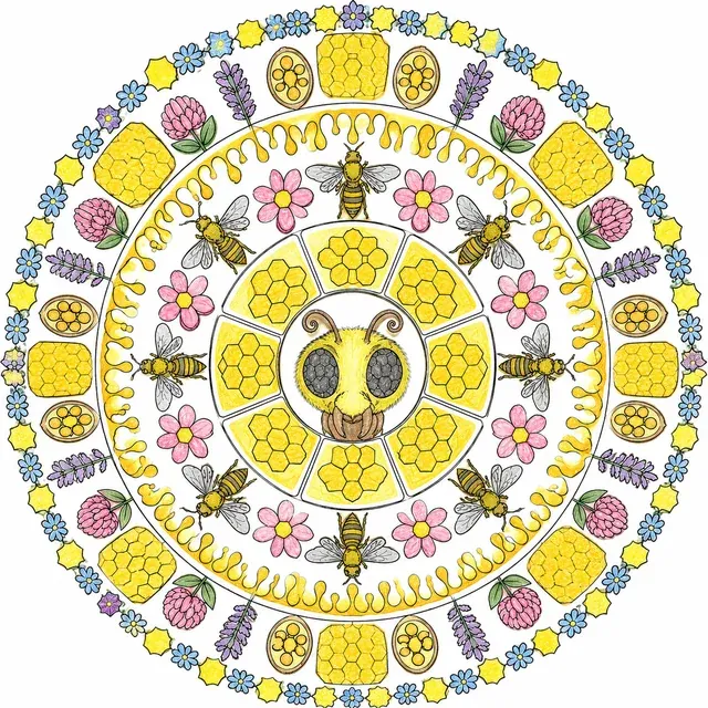 Symmetrisches Bienen-Mandala mit Wabenabschnitten, fliegenden Bienen und Honig-Tropfen-Bordüre