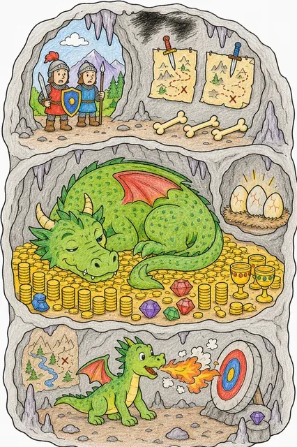 Drachen-Höhle im Querschnitt mit schlafendem Drachen auf Goldmünzen und Jungdrachen beim Feuer-Üben