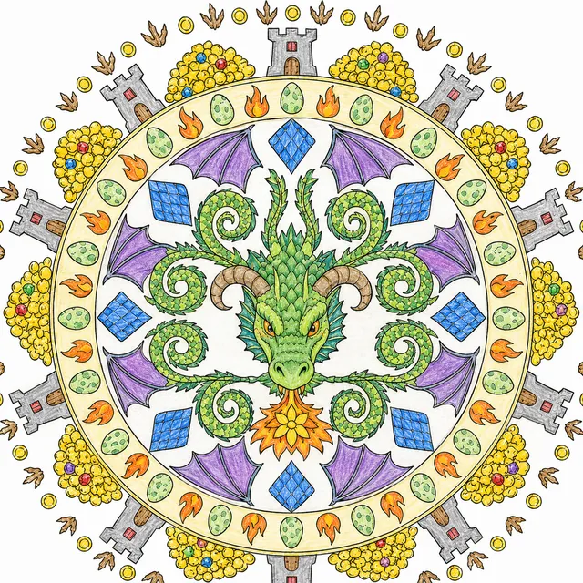 Symmetrisches Drachen-Mandala mit Schwanzspiralen, Flügeln und Feuer-Ei-Bordüre