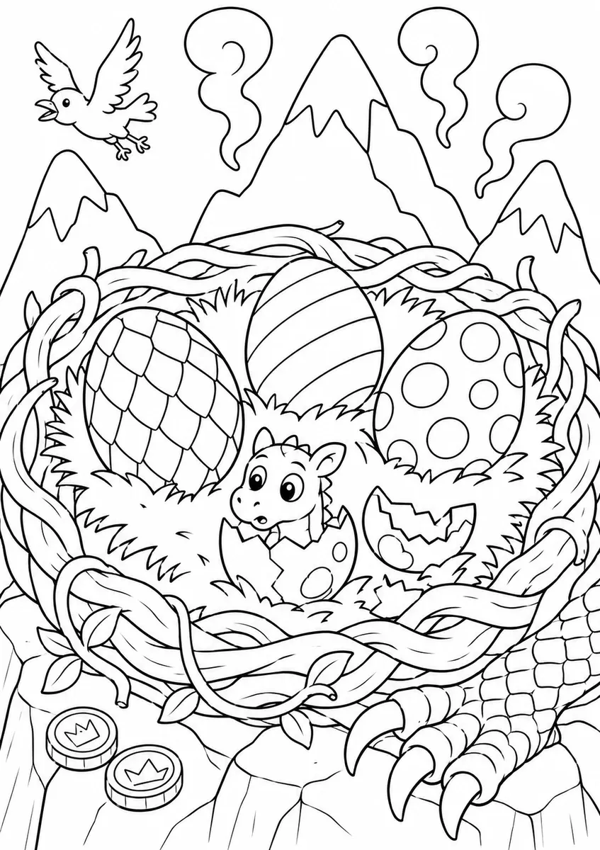 Drachen-Nest mit drei gemusterten Eiern und einem frisch geschlüpften Drachenbaby auf einem Felssims