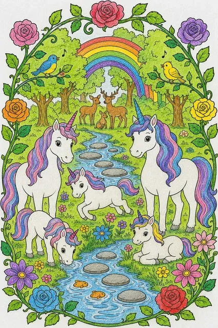 Einhorn-Familie mit drei Fohlen an einem magischen Bach im Rosenranken-Rahmen mit Regenbogen