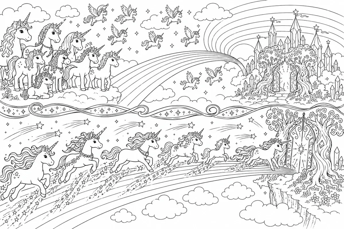Einhorn-Diptychon mit wartender Herde oben und galoppierenden Einhörnern auf der Regenbogenbrücke unten