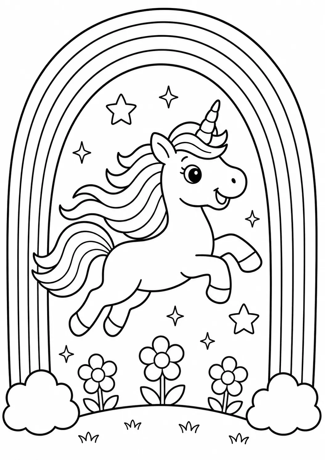 Einhorn springt durch einen Regenbogen-Bogenrahmen