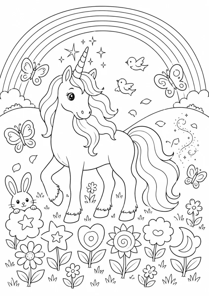 Elegantes Einhorn steht auf einer Zauberwiese mit Regenbogen im Hintergrund und bunten Fantasieblumen