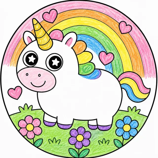 Superrundes Einhorn mit Goldhorn und bunter Mähne auf einer Wiese