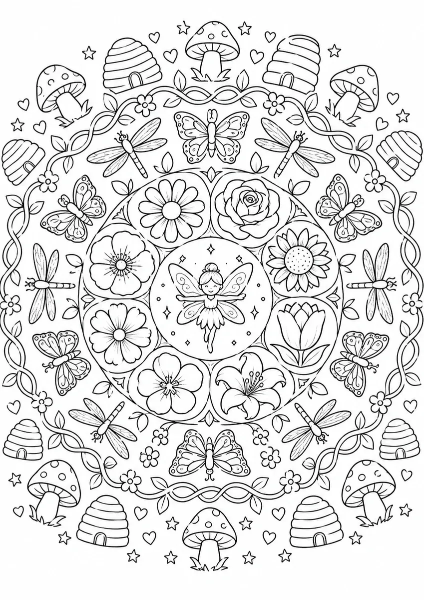 Symmetrisches Feen-Blumen-Mandala mit acht Blütenarten, Schmetterlingen und Libellen