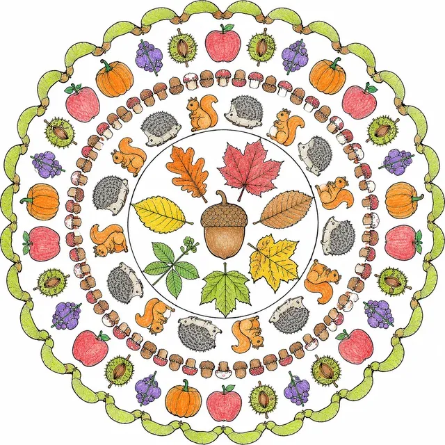 Symmetrisches Herbst-Mandala mit acht verschiedenen Blattarten, Eichhörnchen und Igeln