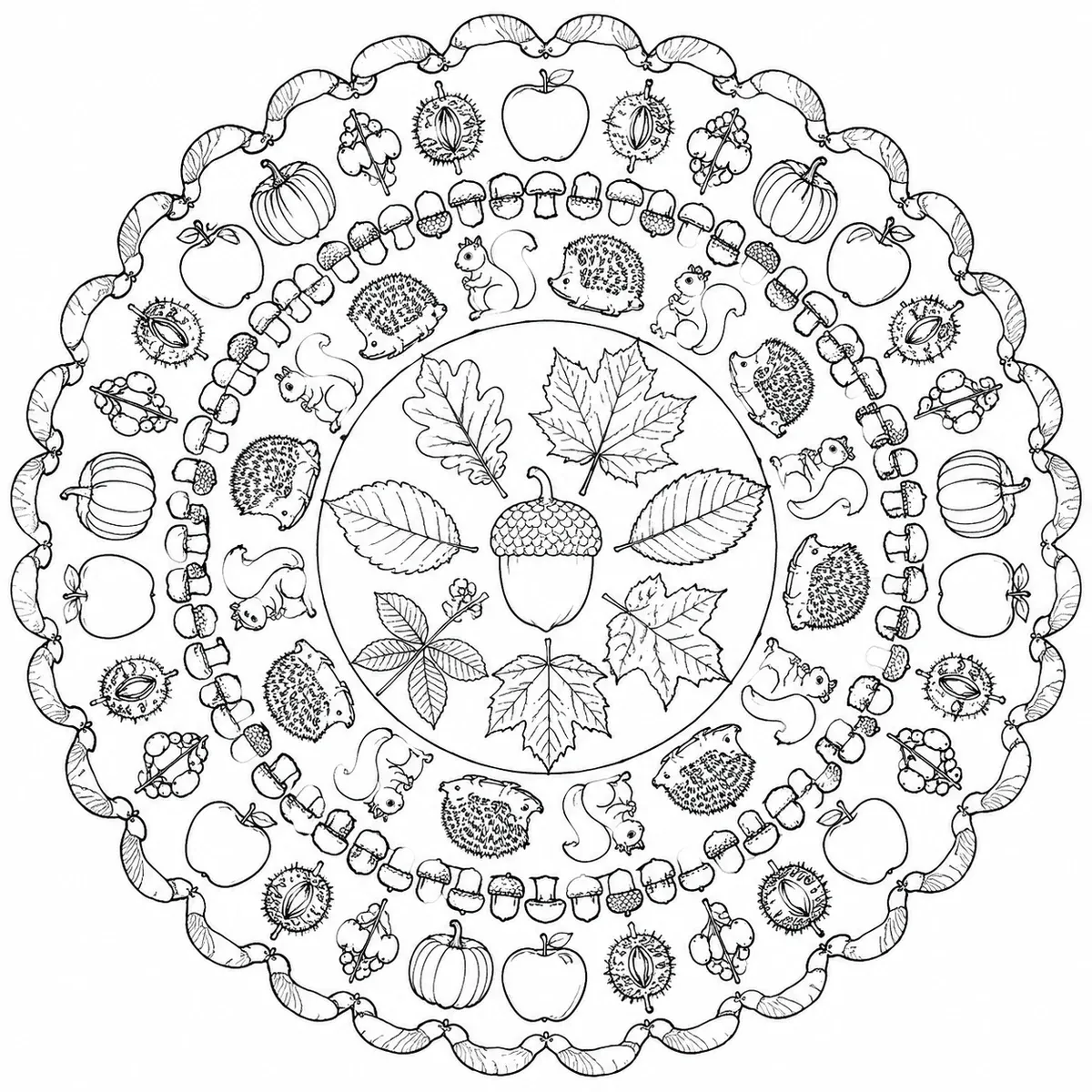 Symmetrisches Herbst-Mandala mit acht verschiedenen Blattarten, Eichhörnchen und Igeln