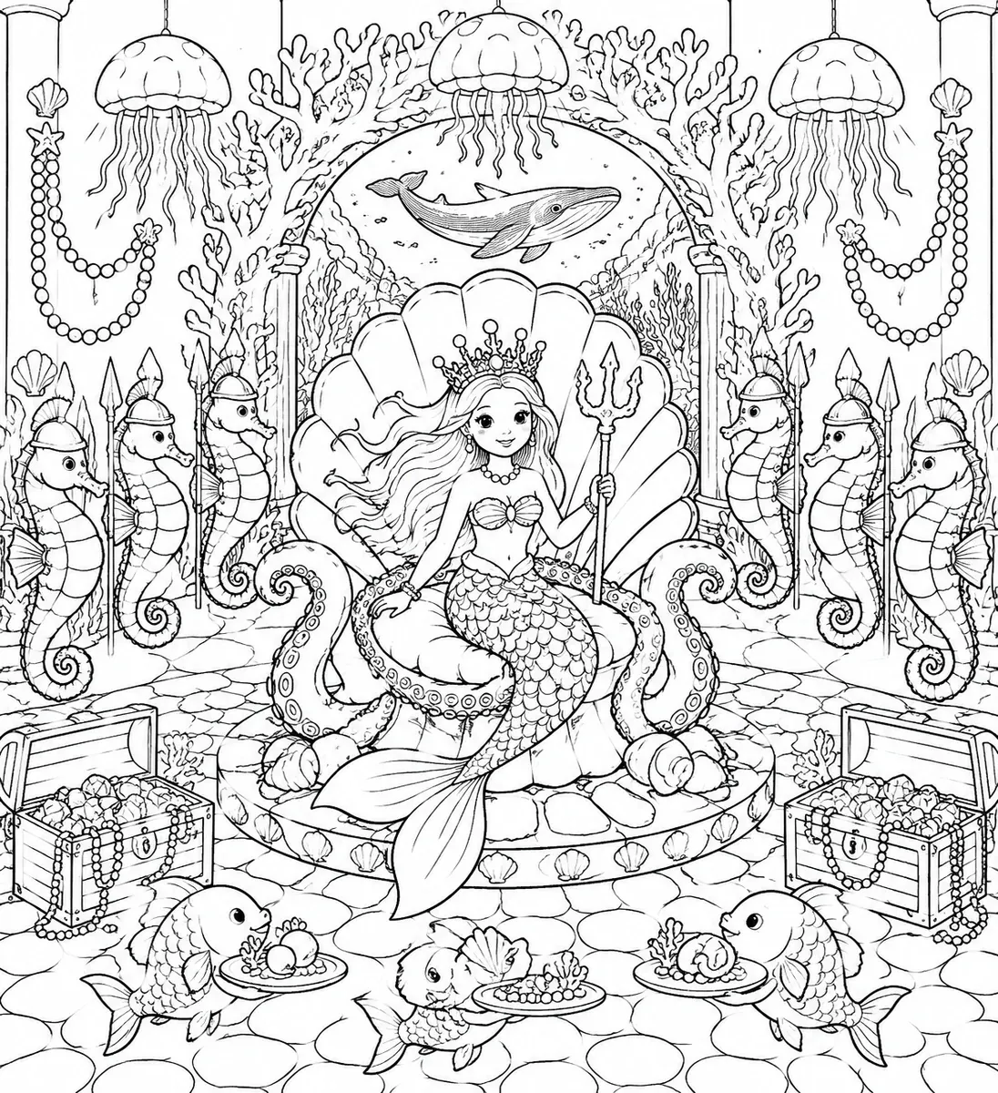 Meerjungfrau-Prinzessin auf einem Muschelschalenthron mit Korallenkrone und Seepferdchen-Wächtern