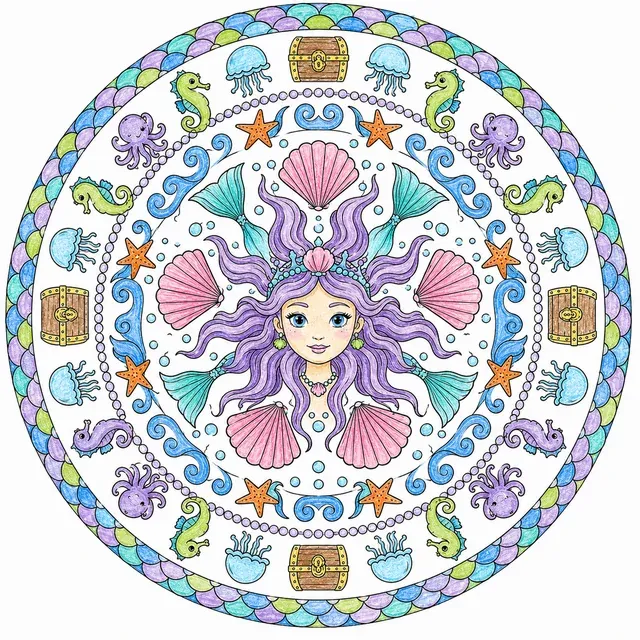 Symmetrisches Nixe-Mandala mit Jakobsmuscheln, Fischschwanz-Fächern und Fischschuppen-Bordüre