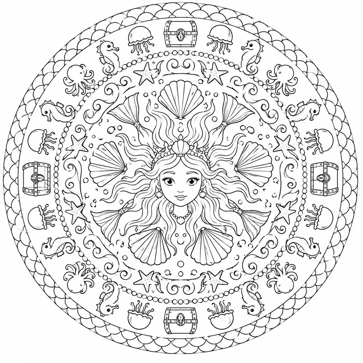 Symmetrisches Nixe-Mandala mit Jakobsmuscheln, Fischschwanz-Fächern und Fischschuppen-Bordüre