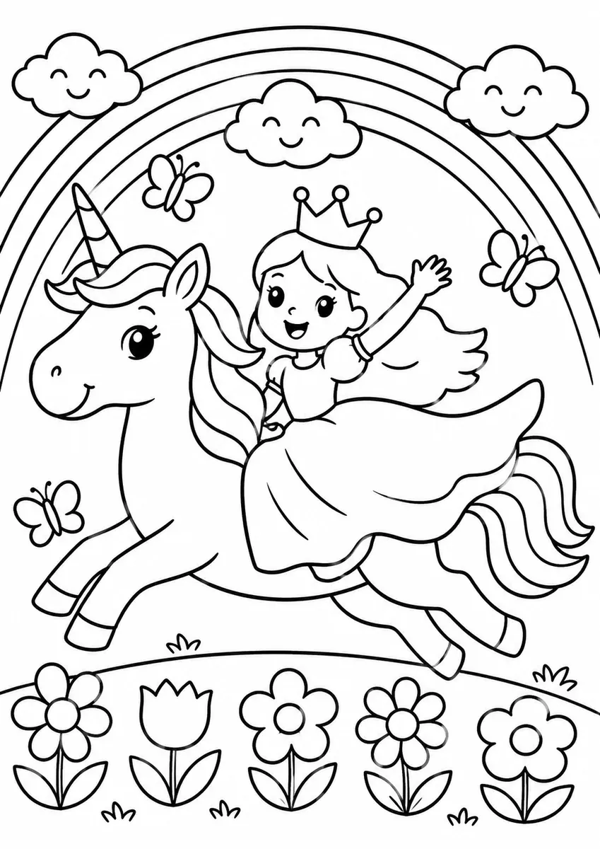 Prinzessin reitet ein weißes Einhorn mit Regenbogenmähne
