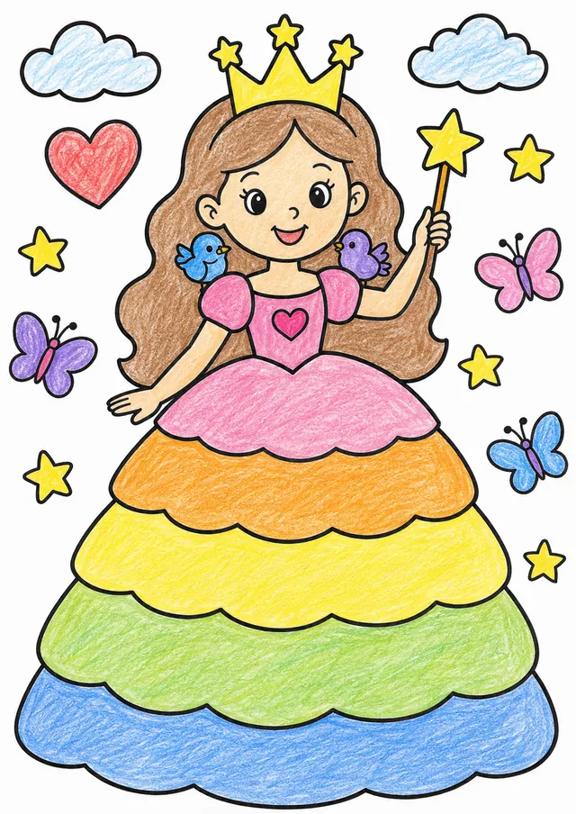 Prinzessin in einem großen Ballkleid mit goldener Krone und Zauberstab