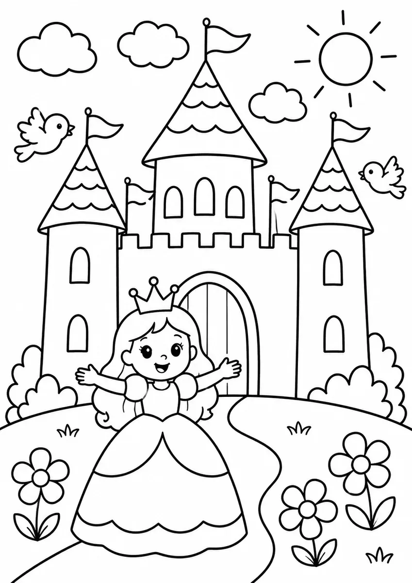 Prinzessin vor einem Märchenschloss mit drei Türmen