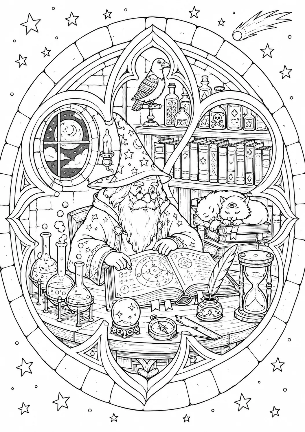 Zauberer mit Sternenhut liest im Rosenfenster-Rahmen ein riesiges Zauberbuch