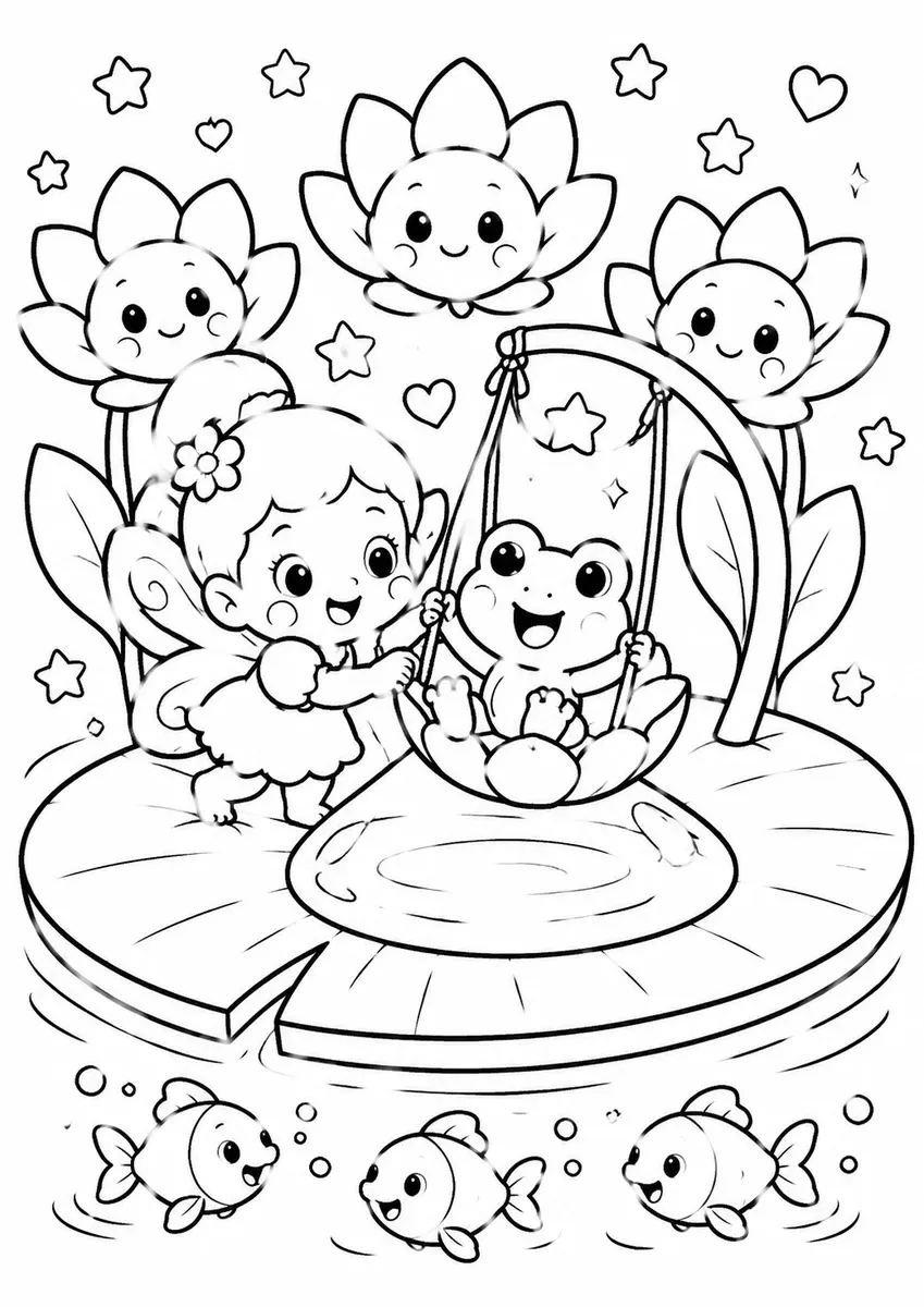 Winzige Baby-Fee und winziger Baby-Frosch spielen auf einem Seerosenblatt