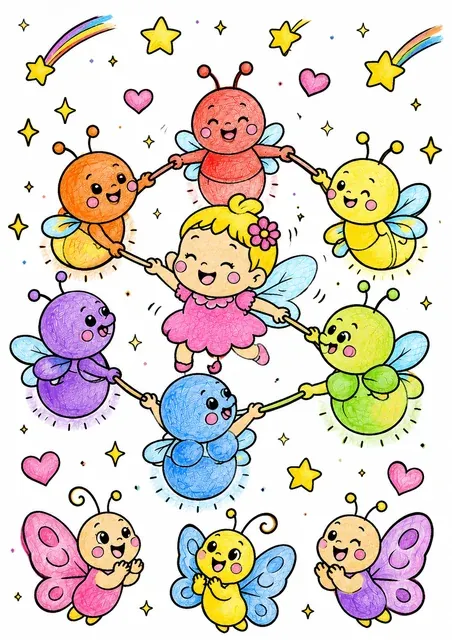 小小的仙女婴儿和六只发光萤火虫在魔幻圆圈里跳舞