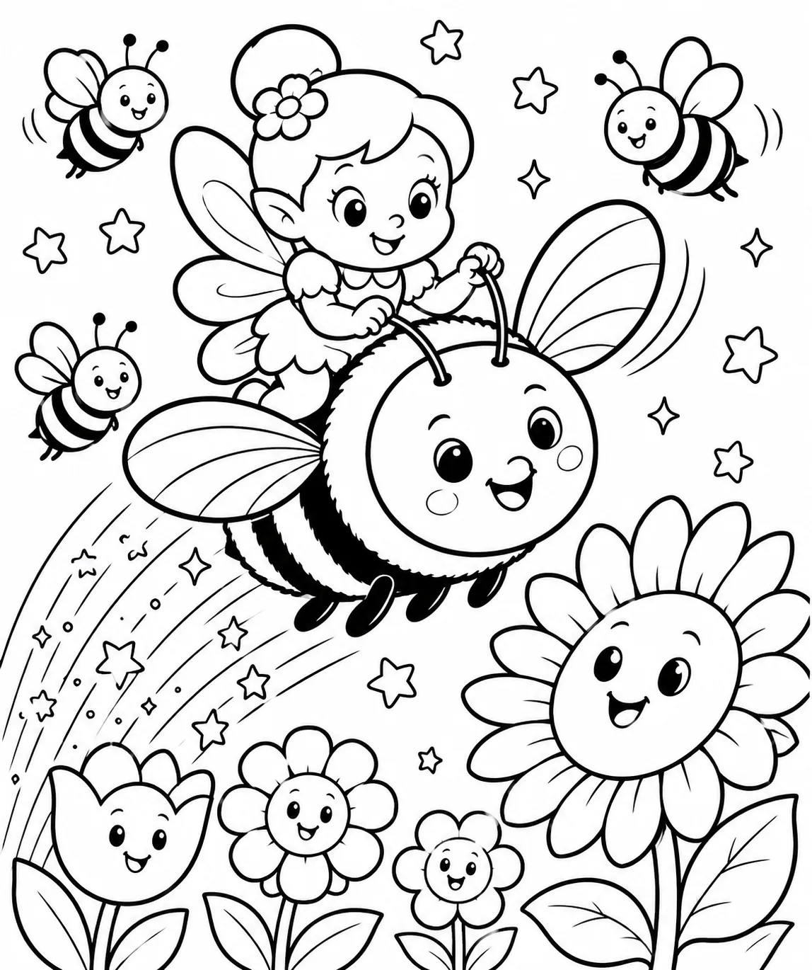 Runde Fee reitet auf einer großen freundlichen Hummel durch den Blumengarten