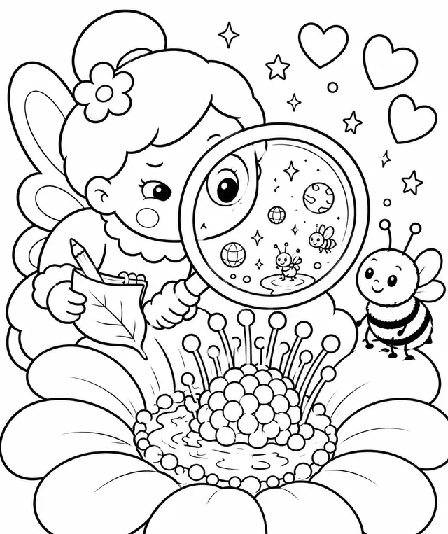Die Fee erforscht eine Blume mit der Lupe