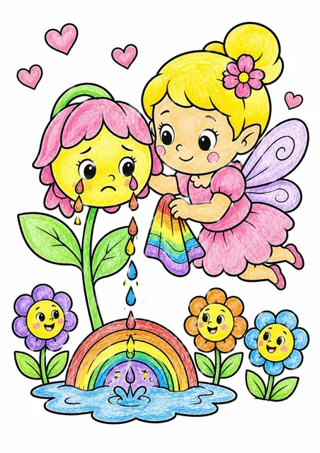 仙女安慰一朵哭泣的花 – 涂色效果预览