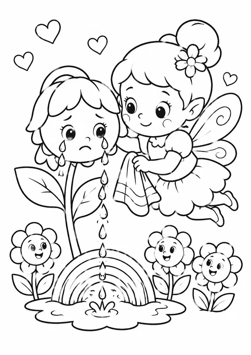 圆圆的仙女温柔地安慰流着彩虹眼泪的哭泣花朵