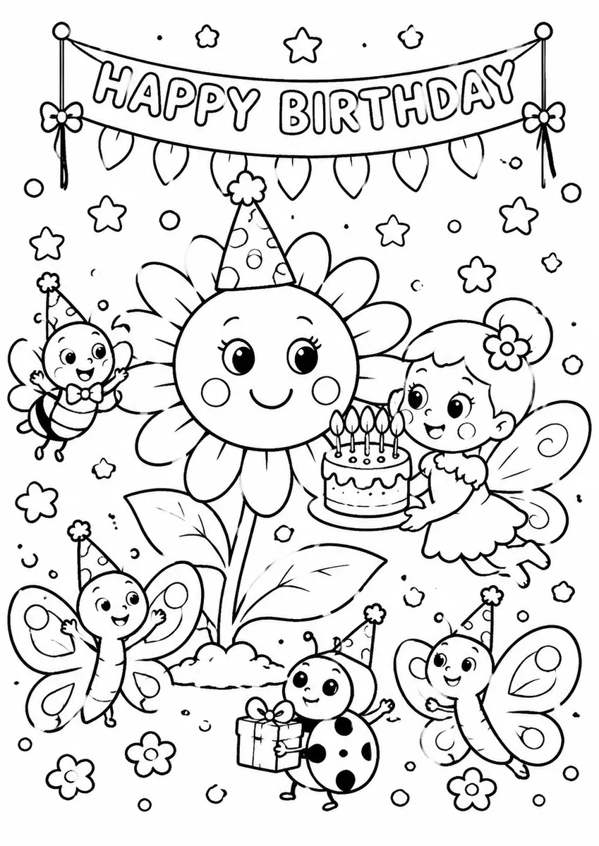 Runde Fee organisiert eine Geburtstagsparty für eine lächelnde Sonnenblume