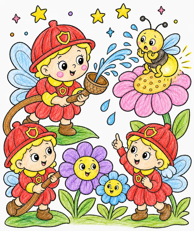 三只穿消防队制服的仙女扑灭由萤火虫引起的火