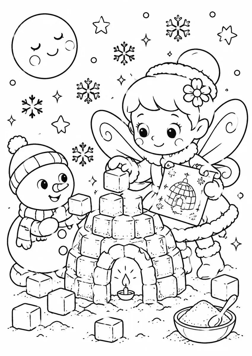 Round fairy builds an igloo with sugar cubes and icing-sugar mortar