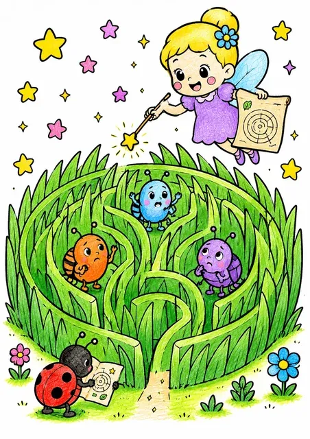 仙女用草叶建造迷宫 – 涂色效果预览