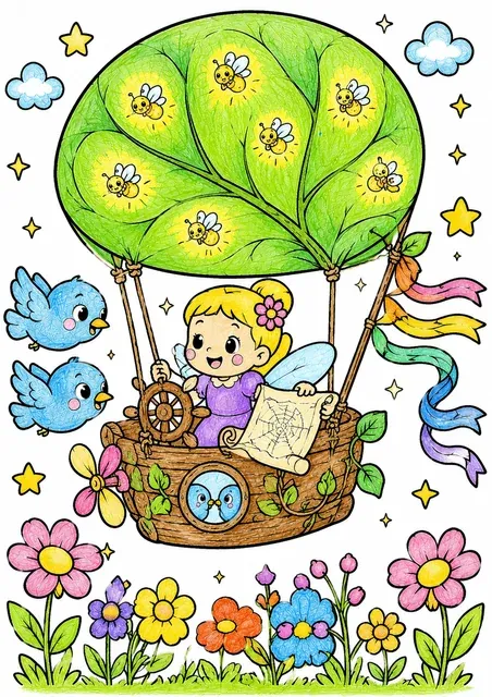 Runde Fee steuert ein Mini-Luftschiff aus einem Blatt über eine Blumenwiese