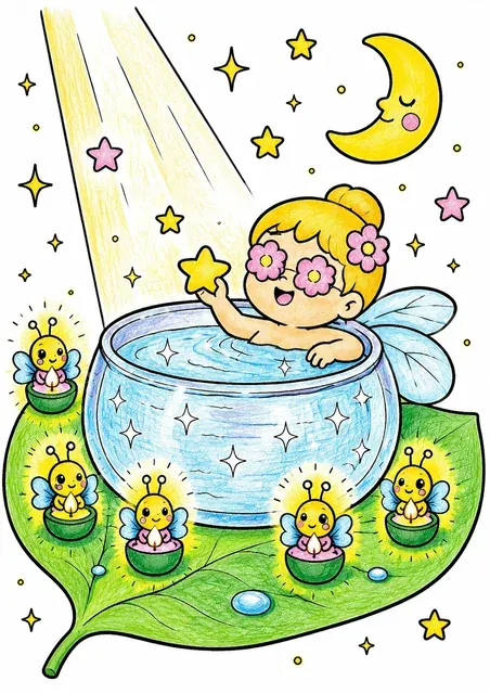 Runde Fee badet entspannt in einer silbernen Mondlicht-Tautropfen-Wanne