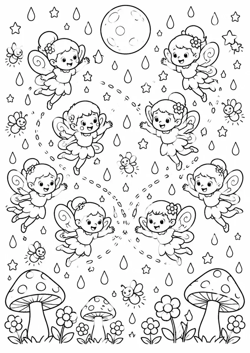 Acht Feen tanzen in einem silber leuchtenden Mondschein-Regen