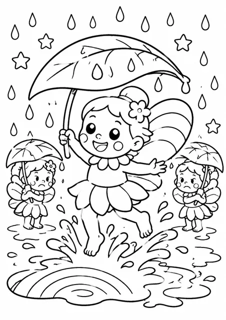 El hada baila bajo la lluvia con su paraguas de hoja