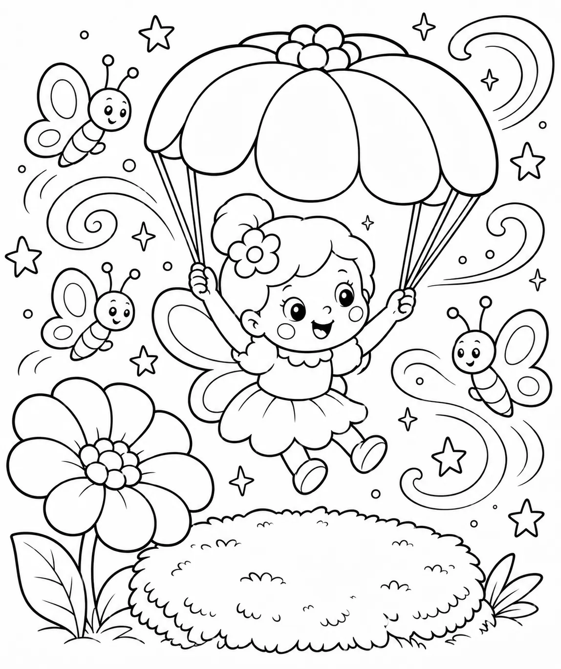 小小的仙女从花朵跳下用花瓣降落伞滑翔