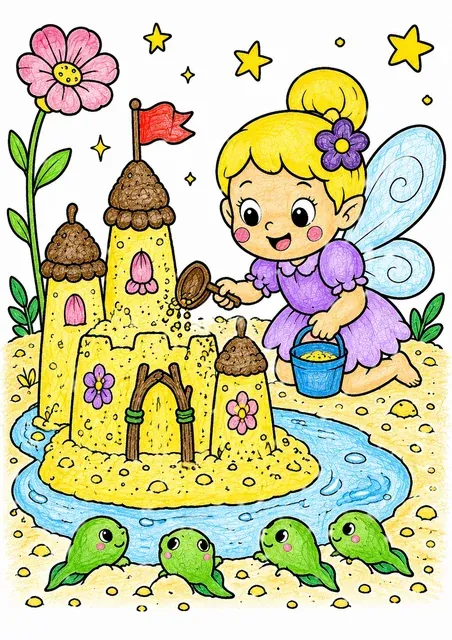Die Fee baut eine Sandburg am Blüten-Teich – So könnte es aussehen