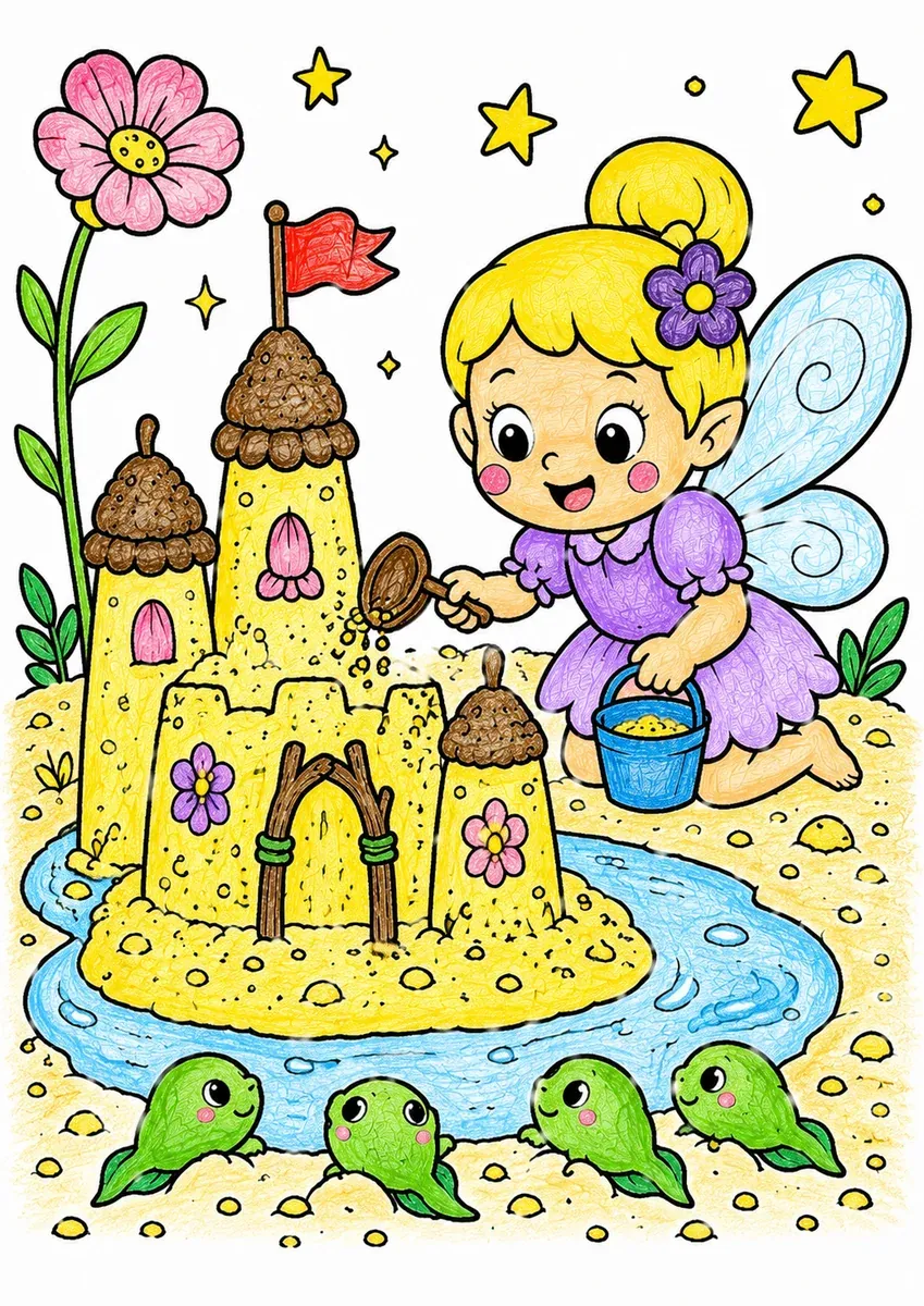Die Fee baut eine Sandburg am Blüten-Teich