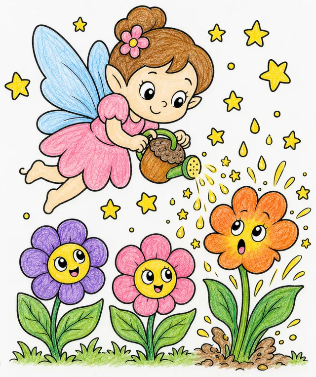 仙女用魔法水给花朵浇水 – 涂色效果预览
