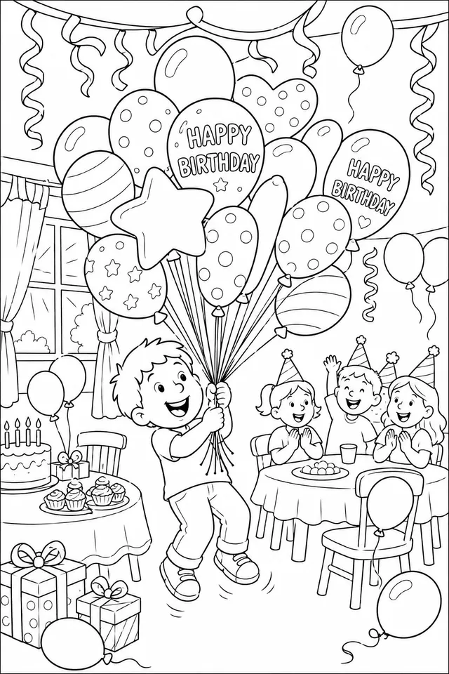 Das Ballonbouquet: Ein riesiges Bouquet aus bunten Luftballons schwebt und leuchtet auf einem Kindergeburtstag