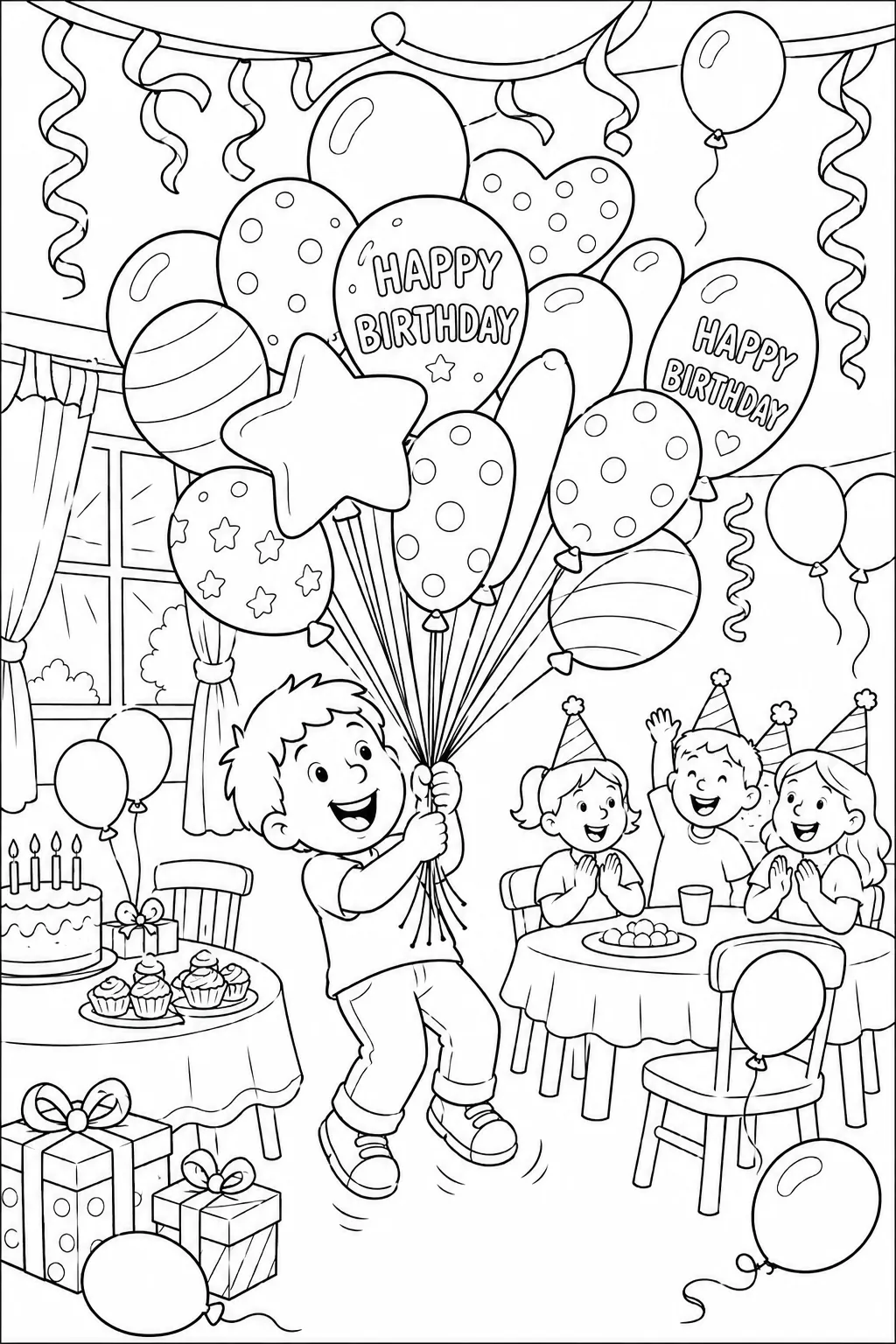 रंग भरने का चित्र: जन्मदिन पार्टी में बड़ा रंगीन गुब्बारे का गुच्छा पकड़ता बच्चा