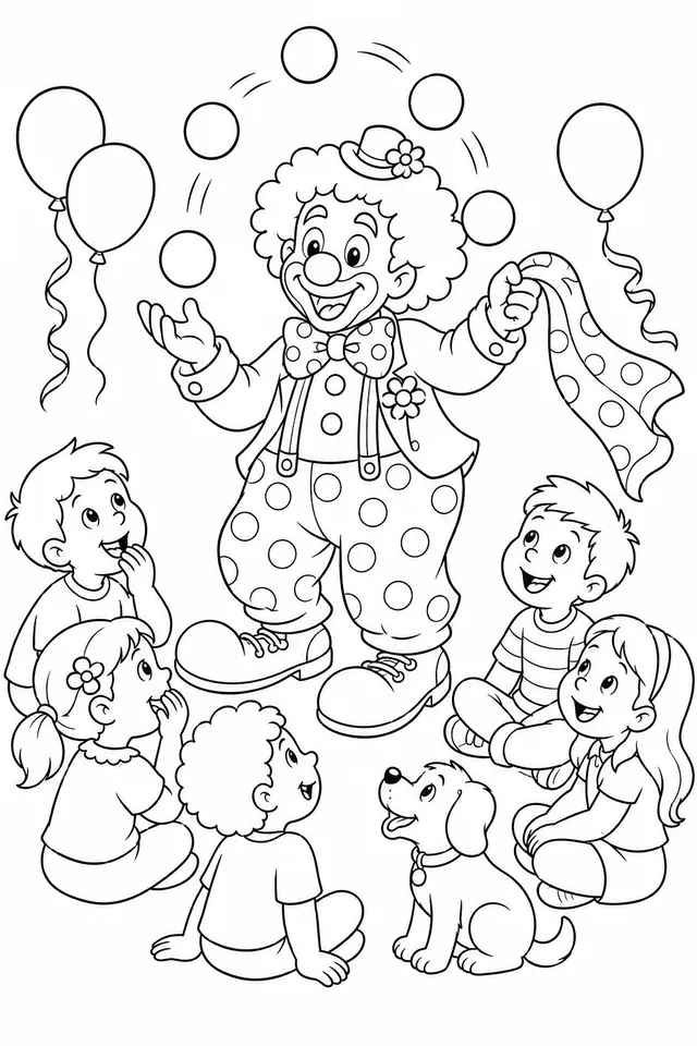 Der Clown auf der Geburtstagsparty: Ein Clown jongliert mit Bällen und Tüchern während die Kinder staunen und lachen
