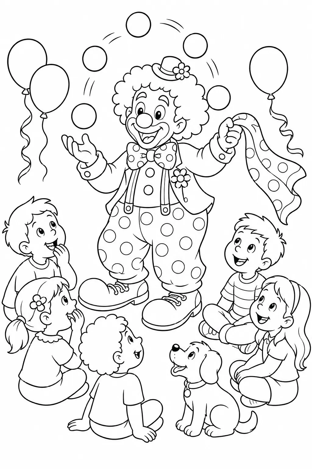 Coloring page: clown juggling at birthday party with marveling children