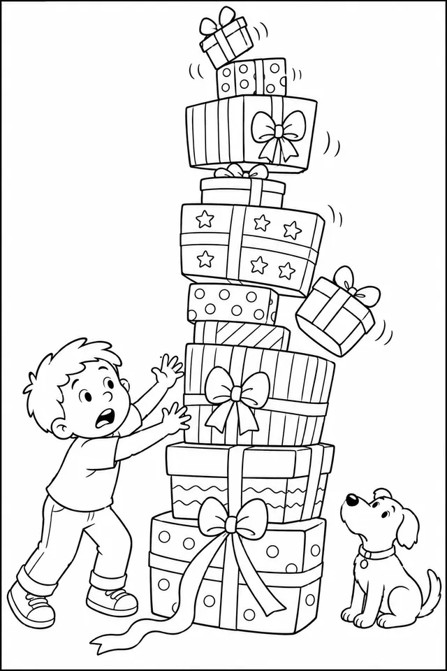 Der Geschenketurm: Ein gigantischer wackeliger Turm aus Geschenken droht einzustürzen — und das Geburtstagskind versucht ihn zu retten