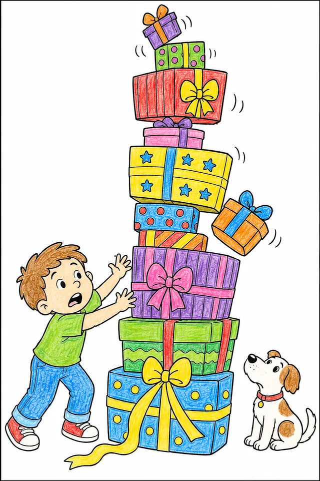Ausmalbild: Wackeliger Geschenketurm auf Geburtstagsparty mit Kind das versucht ihn zu halten