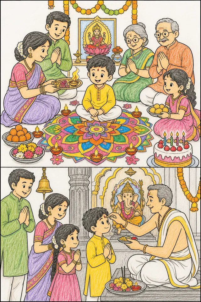 Ausmalbild: Indische Geburtstagsfeier mit Rangoli-Muster und Puja-Ritual