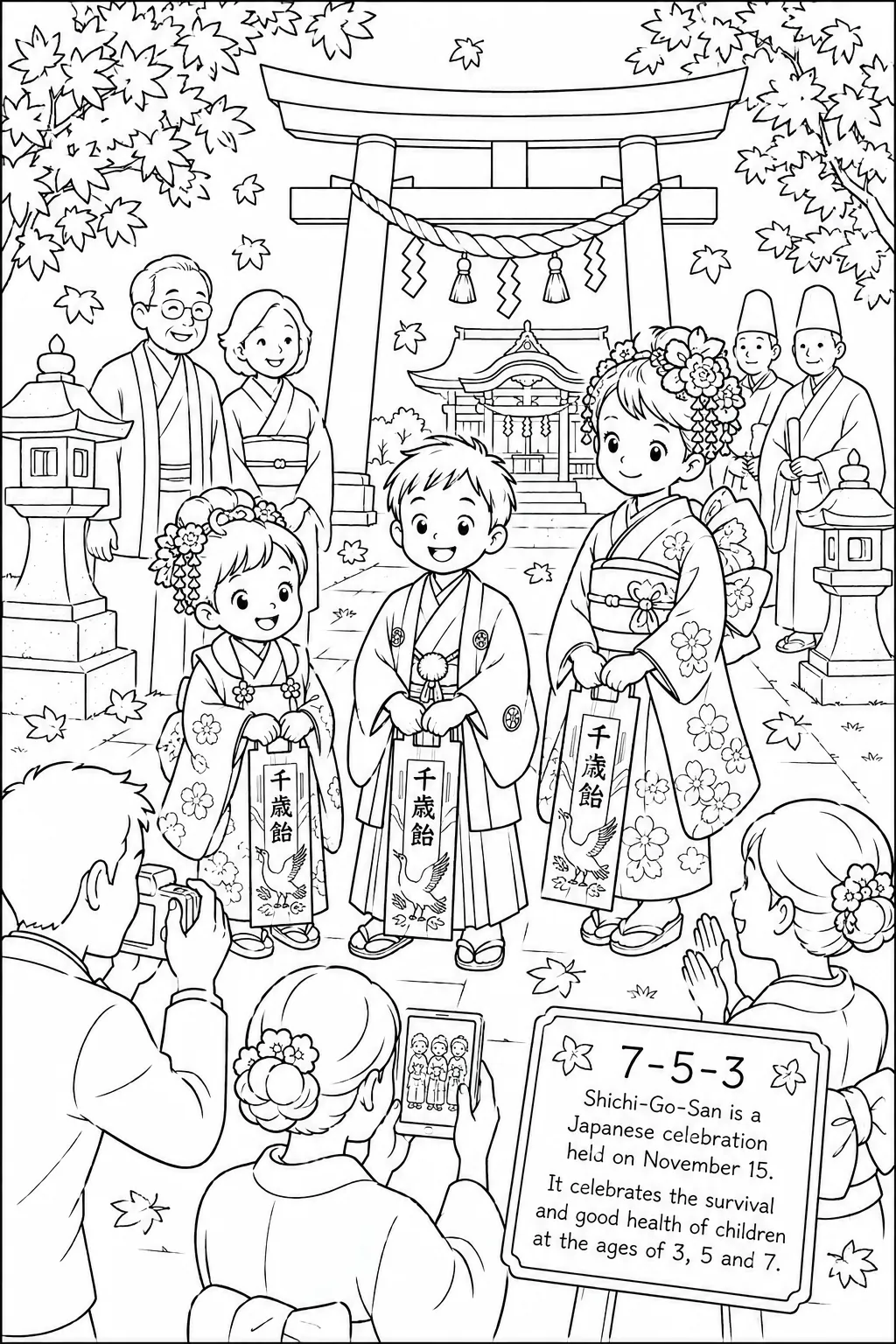 Ausmalbild: Shichi-Go-San — drei japanische Kinder in Kimono vor einem Schrein
